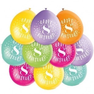 Happy 8th Birthday Multi Colour Latex Balloons x10